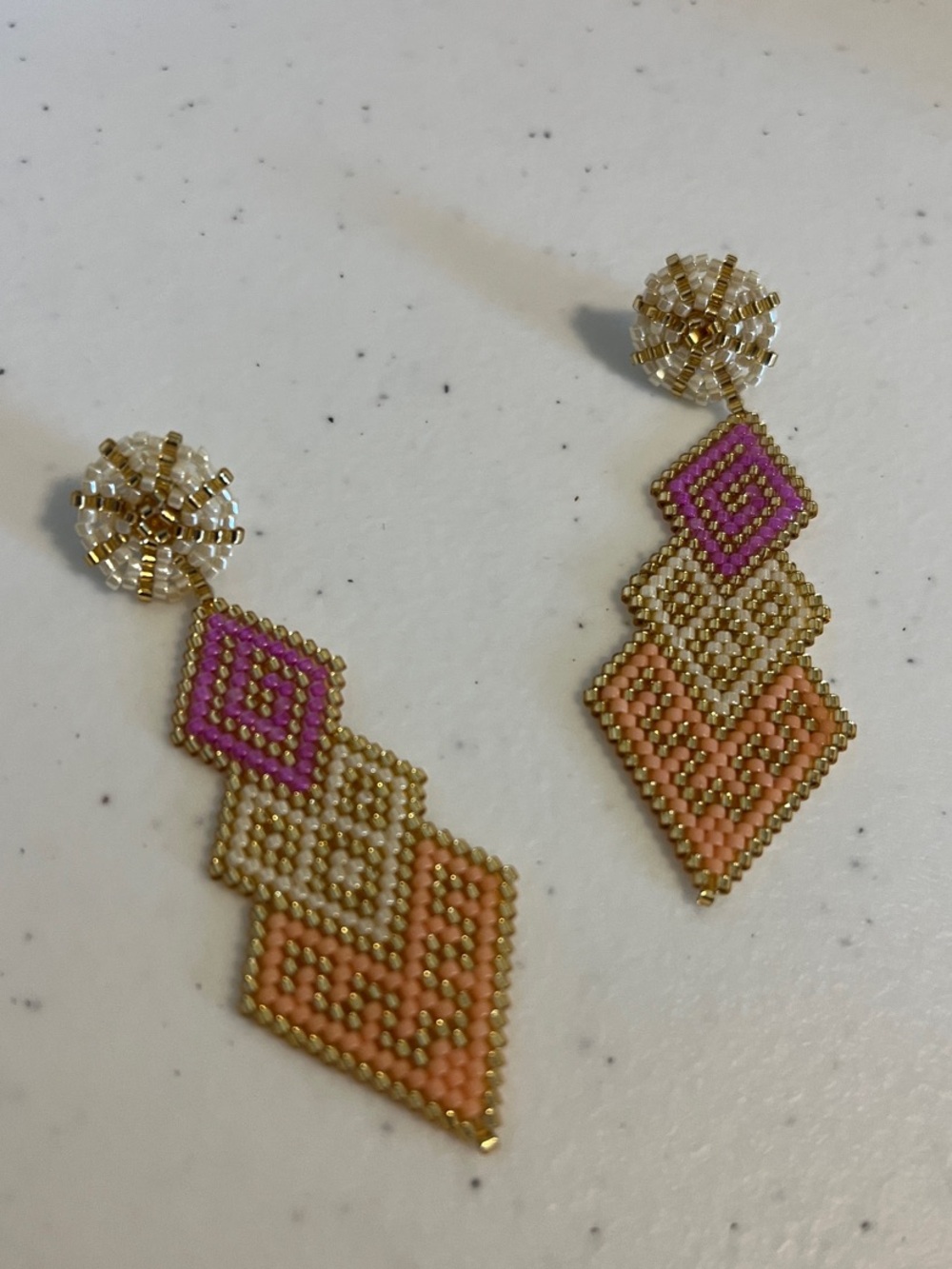 New handmade Beaded Pink, Peach & Gold Geometric Drop Earrings
